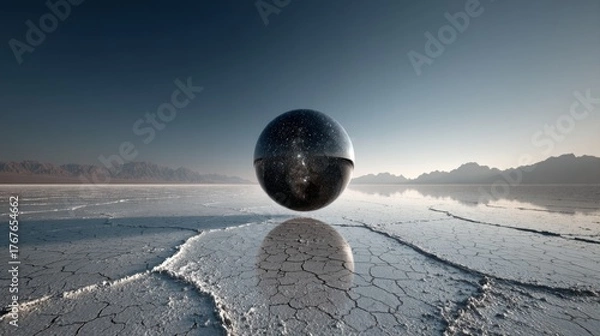 Fototapeta Cosmic sphere levitating over cracked earth desert landscape under clear sky, ethereal and surreal vista