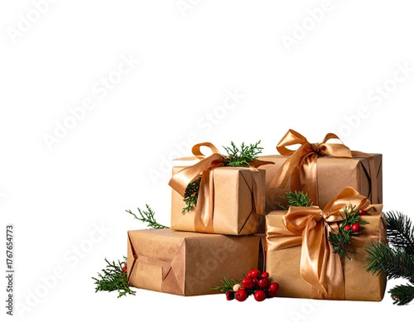 Fototapeta Stacked Holiday Gift Boxes with Satin Gold Ribbons and Pine Sprigs, Side Perspective, Isolated PNG, And transparent the background.