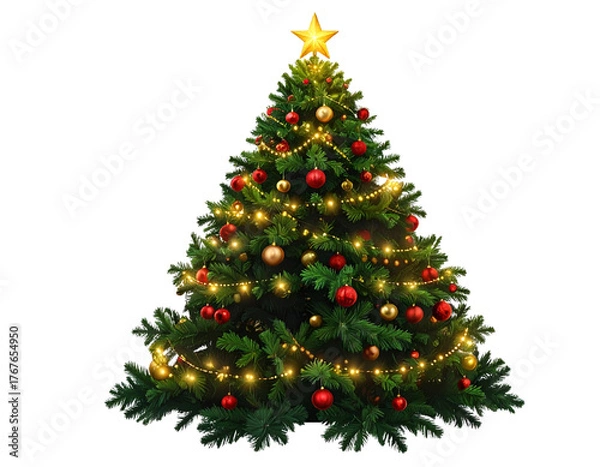 Obraz  Elegant Christmas Tree Decorated with Gold and Red Ornaments, Star Topper, Front View, Isolated PNG,And transparent the background.