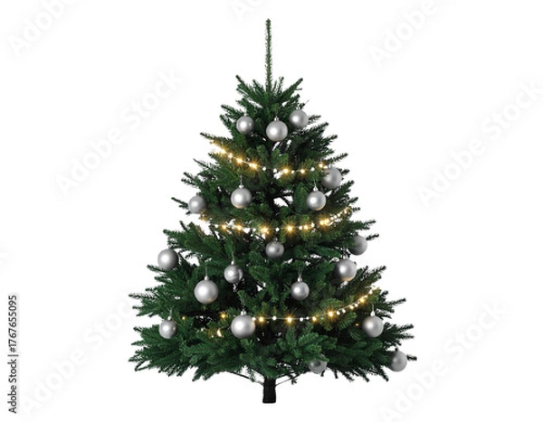 Fototapeta  Minimalist Pine Tree with Silver Baubles and Warm Lights, Modern Scandinavian Style, Isolated PNG q.