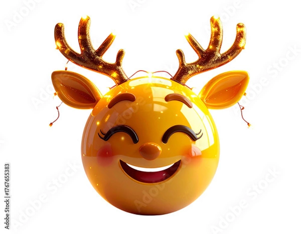 Obraz Winking Emoji with Reindeer Antlers and Sparkling Lights, 3D Glossy Render, Isolated PNG,And transparent the background.