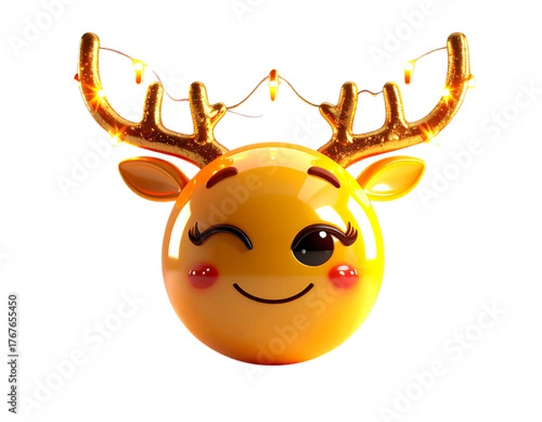 Obraz Winking Emoji with Reindeer Antlers and Sparkling Lights, 3D Glossy Render, Isolated PNG,And transparent the background.