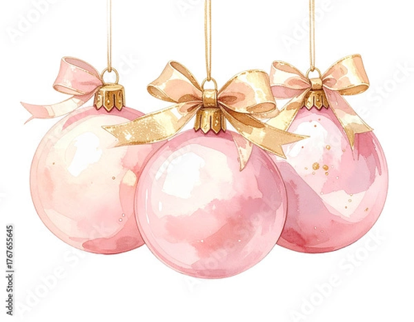Obraz  Soft Watercolor Christmas Baubles in Blush Pink with Golden Ribbon Accents, Artistic Composition, Isolated PNG,And transparent the background.