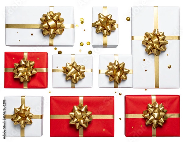 Obraz Luxury Wrapped Christmas Presents with Shiny Gold Bows and Confetti, Top-Down Flat Lay, Isolated PNG.And transparent the background.