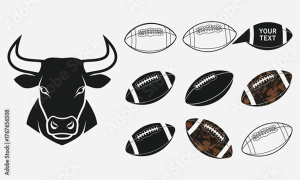 Obraz A collection of American football illustrations and a powerful bull head mascot logo, ideal for sports team branding, icons, and athletic design elements