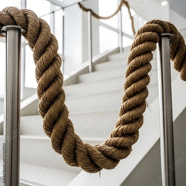 Fototapeta Rope barrier on stairs with metal posts provides guidance and safety for pedestrians here