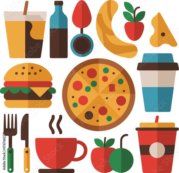 Fototapeta Vector illustration of fast food and drinks assortment flat design graphics vector