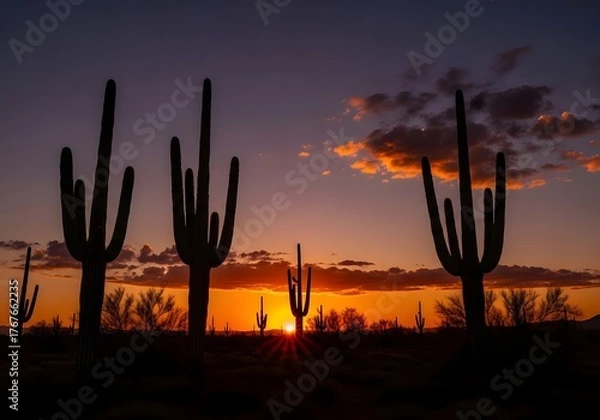 Fototapeta Silhouette of cacti against a vibrant sunset in the desert landscape scenery view