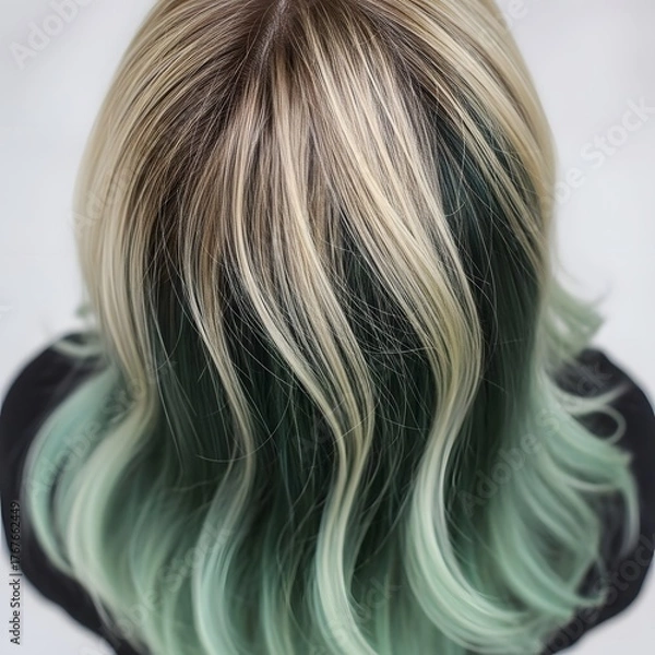 Fototapeta Beautiful blonde hair with green highlights and dark roots styled in soft waves for a modern look
