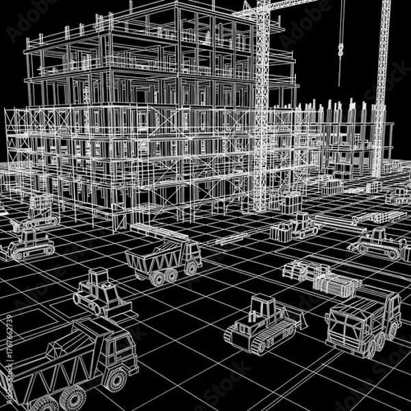 Fototapeta Construction site wireframe rendering with cranes and heavy machinery in black and white style