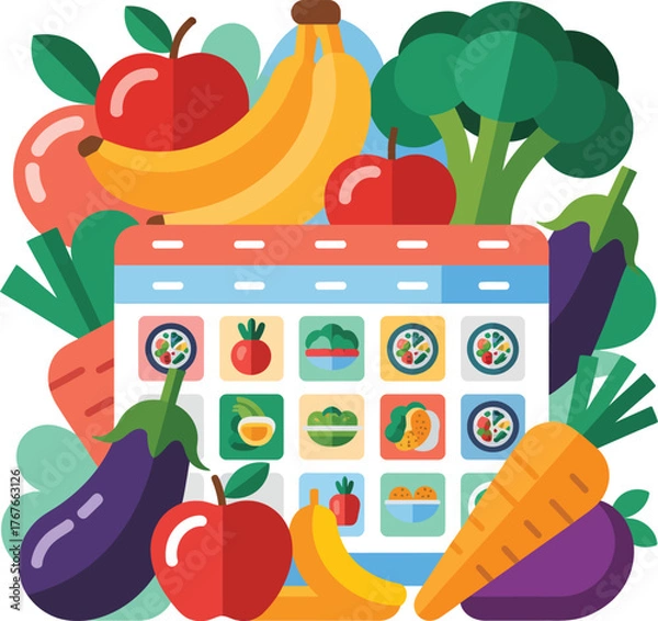 Fototapeta Healthy eating calendar vector illustration fresh fruits vegetables daily meal planner vector