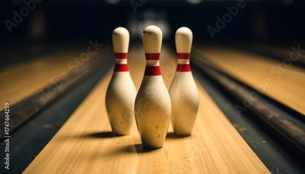 Obraz Retro bowling pins and balls on a vintage alley floor with a soft spotlight. A close up still life of three classic bowling pins standing perfectly aligned on a polished wooden bowling alley lane. A