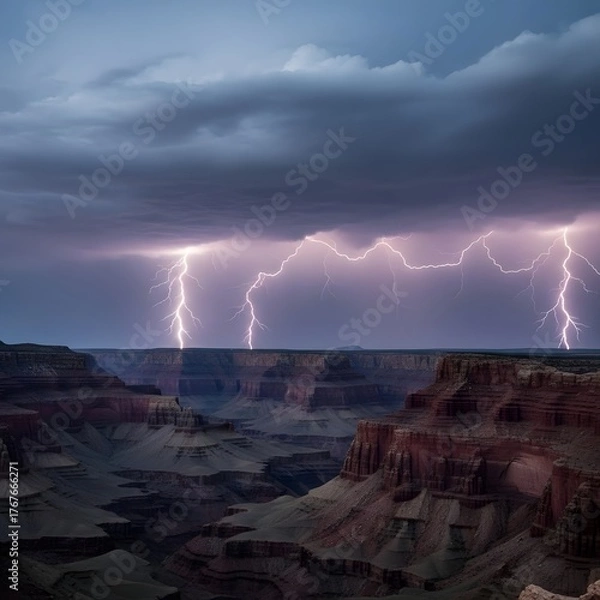 Fototapeta Grand canyon thunderstorm displays a dramatic sky with intense lightning strikes over the landscape