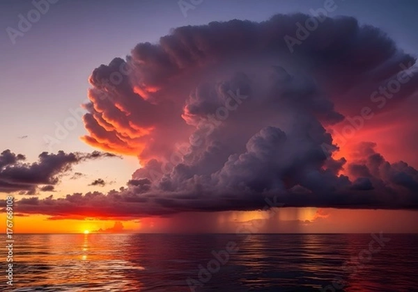 Fototapeta Sunset over the ocean with dramatic clouds and vibrant colors creating a beautiful scene near the horizon