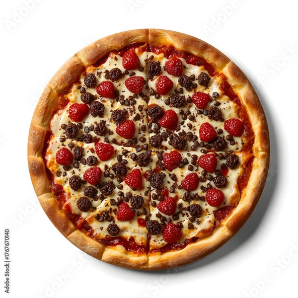 Fototapeta A pizza with red berries and dark chocolate crumbles, isolated on a white background