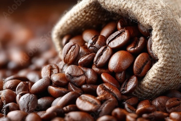 Obraz Roasted coffee beans spilling from burlap sack