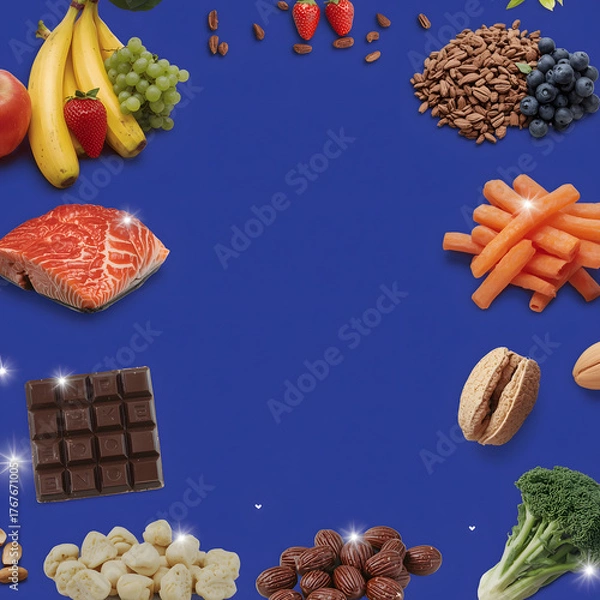 Fototapeta Assortment of healthy foods including fruits, vegetables, and protein sources