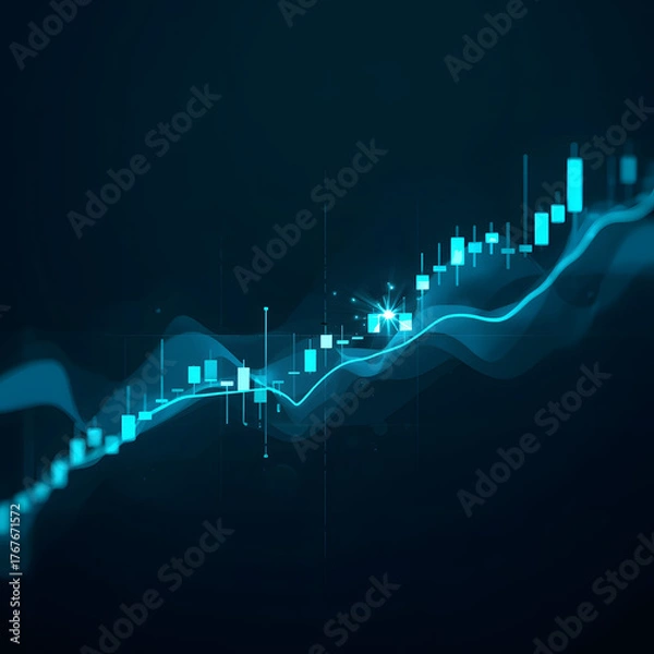 Fototapeta Dynamic glowing blue financial stock market graph with data visualization and abstract wave elements