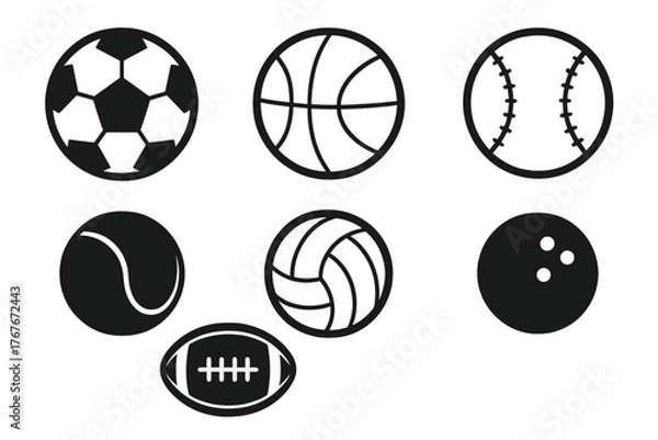 Fototapeta Seven different sports balls: soccer, basketball, baseball, tennis, volleyball, bowling, and American football