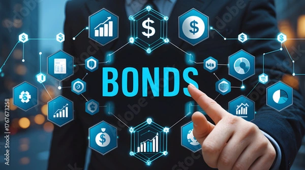 Fototapeta Businessman interacting with a digital interface displaying the word bonds surrounded by financial icons and charts, representing investment and financial markets