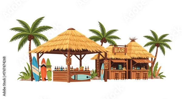 Obraz Tropical tiki bar with surfboards and palm trees for vacation vibes, perfect for summer fun and island getaways