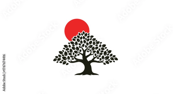 Obraz Elegant tree silhouette against rising sun for nature-inspired brand or logo design, conveying growth, strength, and serenity in a minimalist style