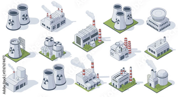 Obraz Isometric industrial factory collection buildings creating energy in the city landscape, bringing power to modern urban lifestyles