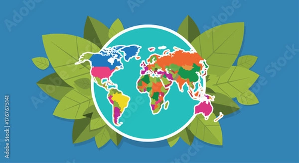 Obraz Vibrant world map with fresh leaves, illustrating global sustainability and environmental awareness in a simple, colorful style for eco-friendly branding