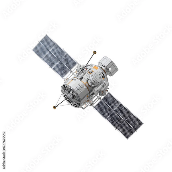 Fototapeta A detailed illustration of a satellite with solar panels, isolated on a white background