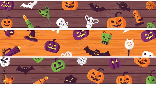 Obraz Spooky Halloween pattern with pumpkins, bats, ghosts and skulls on colorful planks for festive backgrounds and party invitations