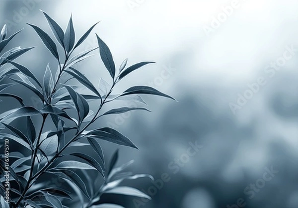 Fototapeta Teal leaves, soft focus. Bokeh. Delicate, tranquil image