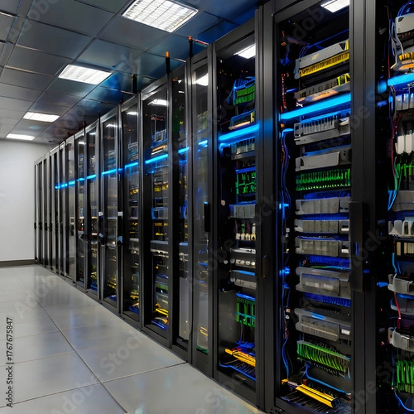 Fototapeta A modern data center with rows of server racks filled with blinking lights and cables, showcasing advanced technology