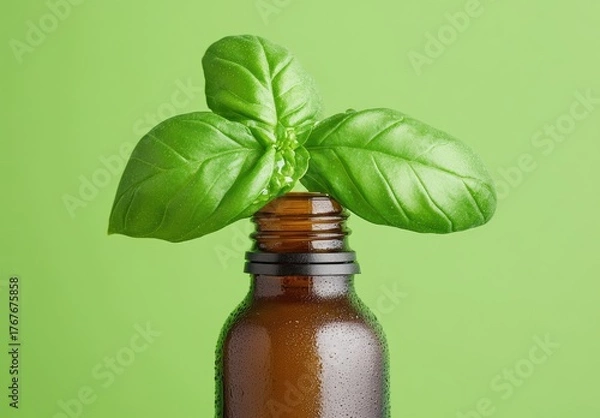 Fototapeta Basil sprig emerges from brown bottle against green backdrop