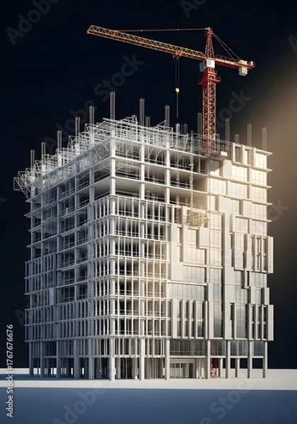 Fototapeta Building under construction with crane and steel structure on dark background scene render