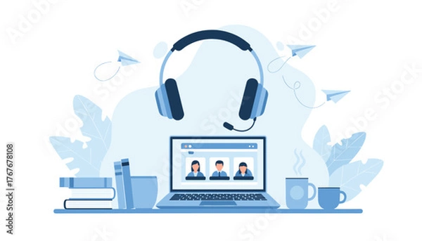 Obraz Modern office setup for virtual meetings and online collaboration, perfect for remote work productivity, featuring headset and laptop with video call