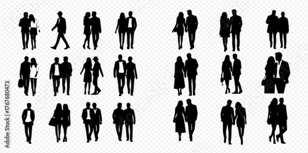Fototapeta Collection of black silhouettes of couples and individuals walking and standing, isolated on a transparent background.