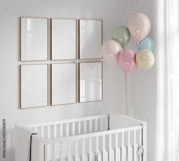 Fototapeta Mock up frame in children room, Scandinavian style interior background, 3D render