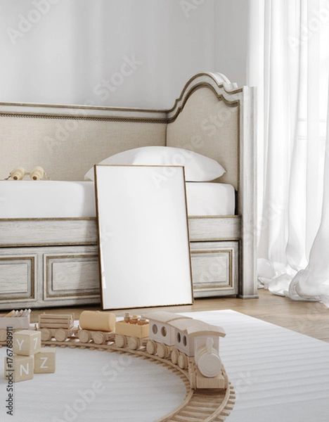 Fototapeta Mock up frame in children room, Scandinavian style interior background, 3D render