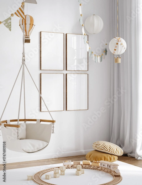 Fototapeta Mock up frame in children room, Scandinavian style interior background, 3D render
