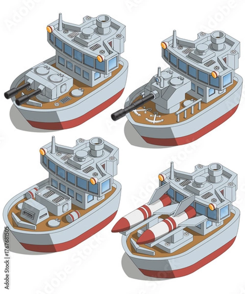 Obraz A set of warships. Isometric. Isolated on white background. Vector illustration.