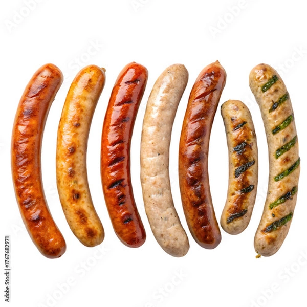 Fototapeta Delicious Sausages Selection: Grilled & Cooked Meats, Culinary Food Assortment on transparent background