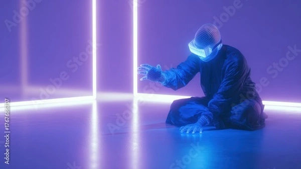 Obraz Futuristic Neon-Drenched Figure In A Holographic Suit Kneeling In A Neon Room