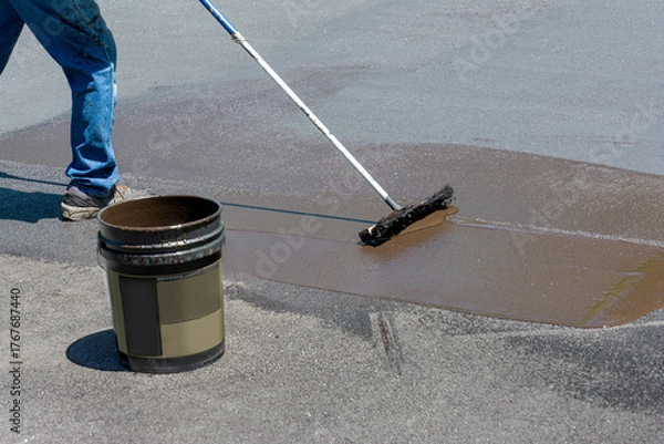 Fototapeta Man spreading asphalt sealer on a large home driveway