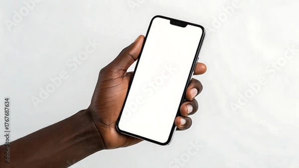 Fototapeta Hand holding a smartphone with a blank screen isolated on white background