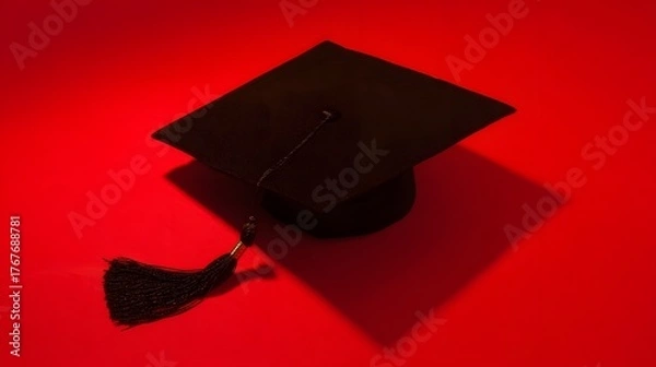 Fototapeta scholar. A graduation cap with a tassel, isolated on a solid red background. event programs, museum guides, designed for cultural heritage projects and event programs, preserves heritage.