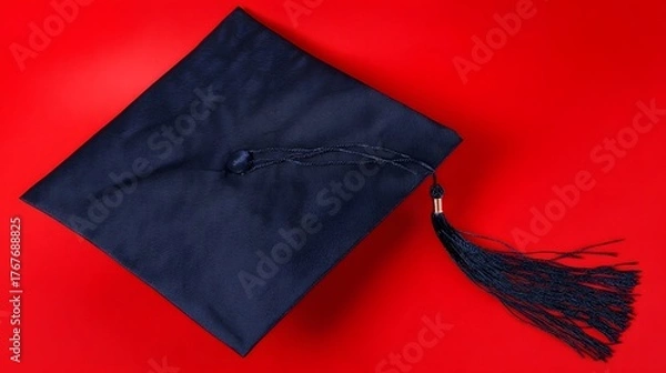 Fototapeta scholar. A graduation cap with a tassel, isolated on a solid red background. event programs, museum guides, designed for cultural heritage projects and event programs, preserves heritage.
