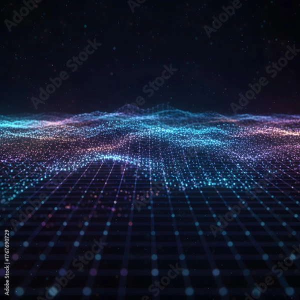 Fototapeta Futuristic particle cloud forming wave of data light, digital abstraction
