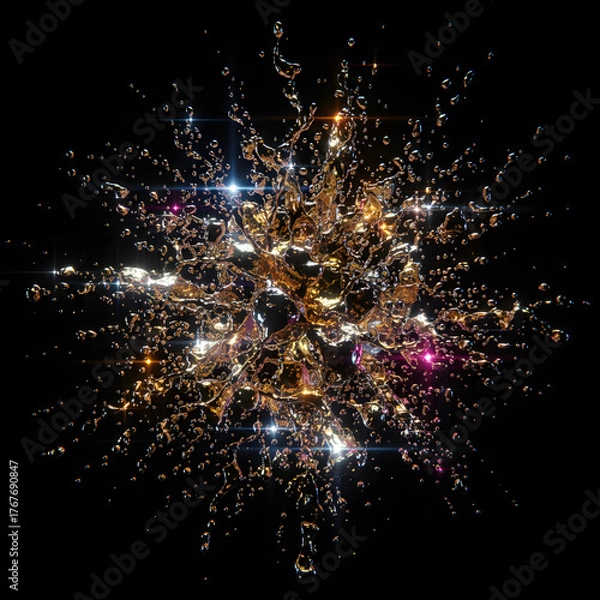 Fototapeta Metallic droplet explosion frozen in time, reflecting multiple light sources