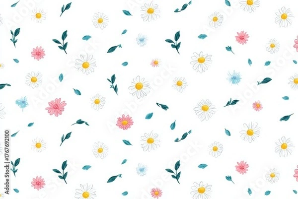 Obraz Cheerful watercolor daisies with scattered leafy branches, arranged in a playful repeating pattern that radiates joy and captures the energy of summer days.