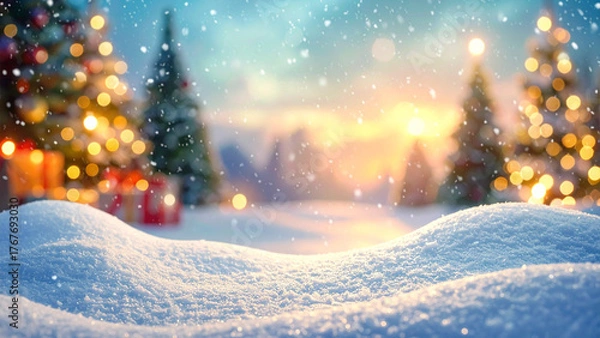 Fototapeta Christmas and New Year background. Winter landscape with snowdrift and bokeh lights.